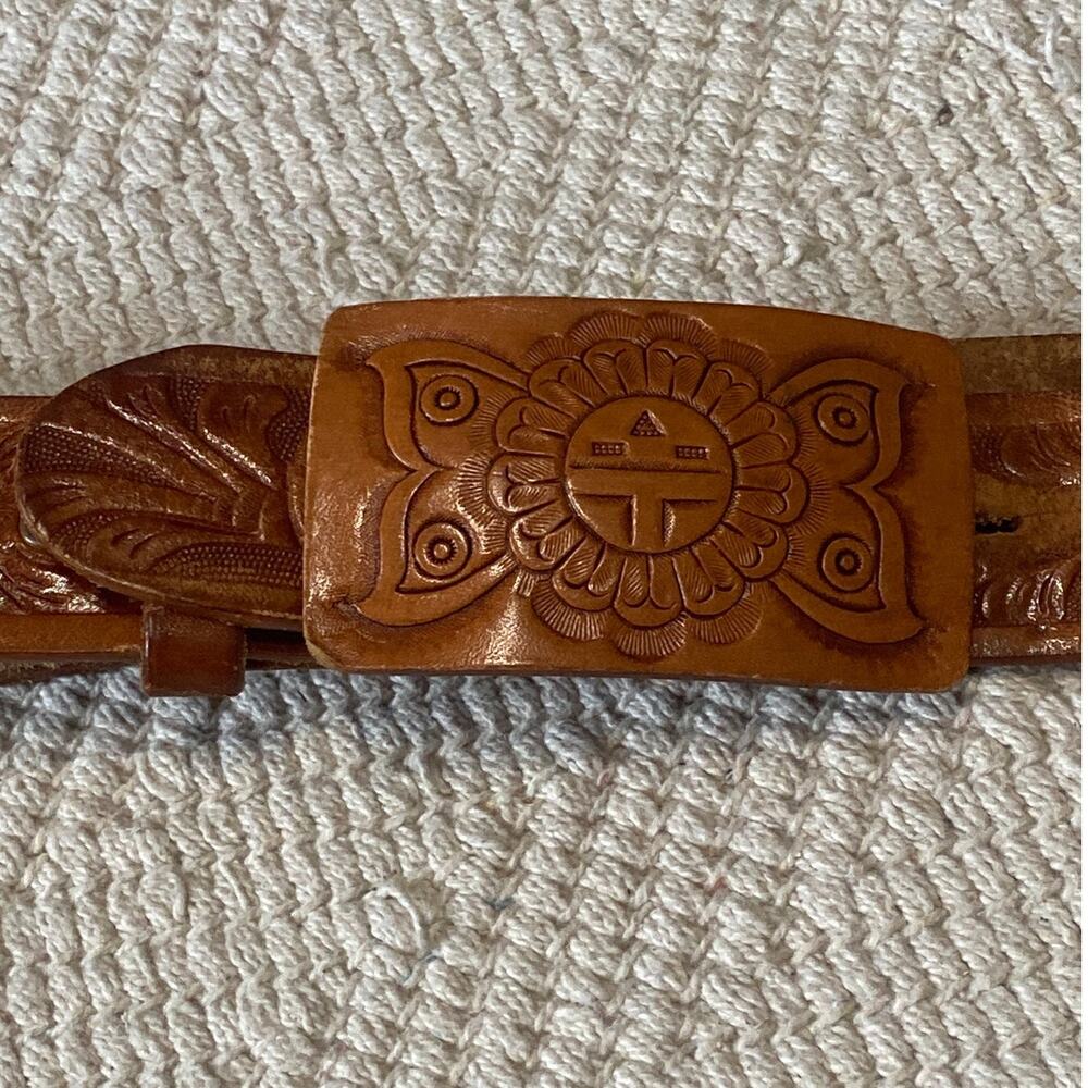 VTG Hand Tooled Leather Belt Size 34 Full Grain Cowhide Sun Face Stamped Unisex - Picture 2 of 12